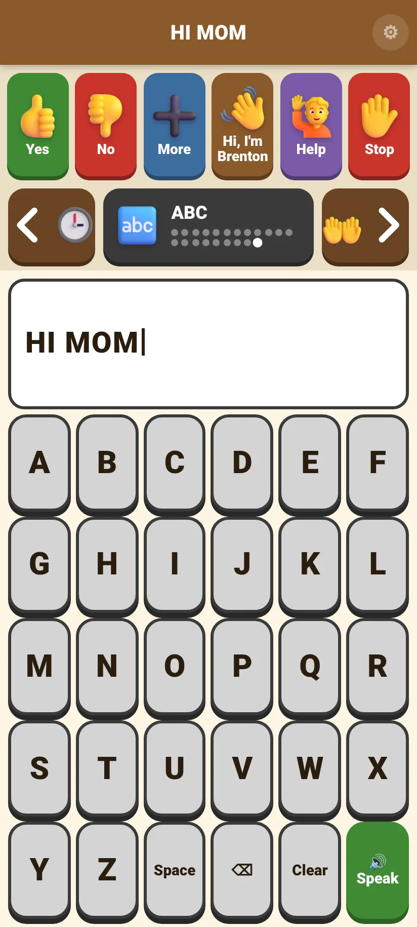 The ABC page with HI MOM typed