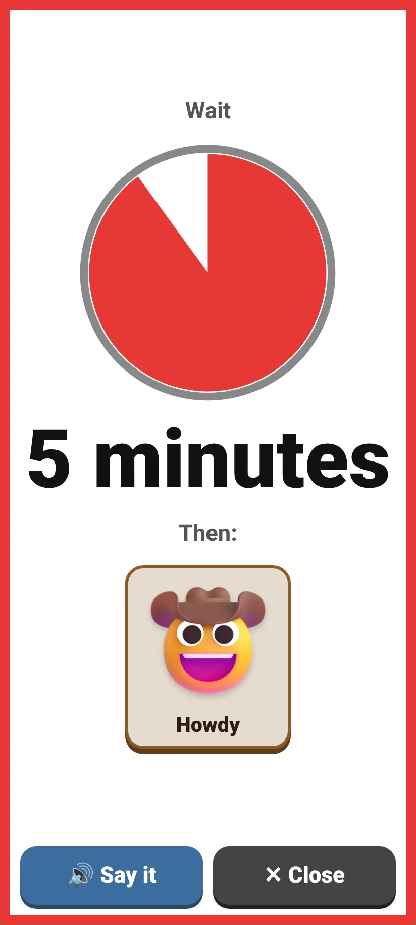 The wait timer: a red pie, 5 minutes, then Toy Story
