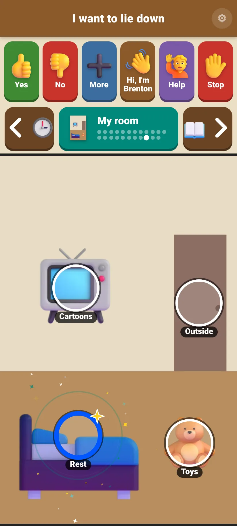 A scene: a room with spots on the bed, the TV, a teddy and the door