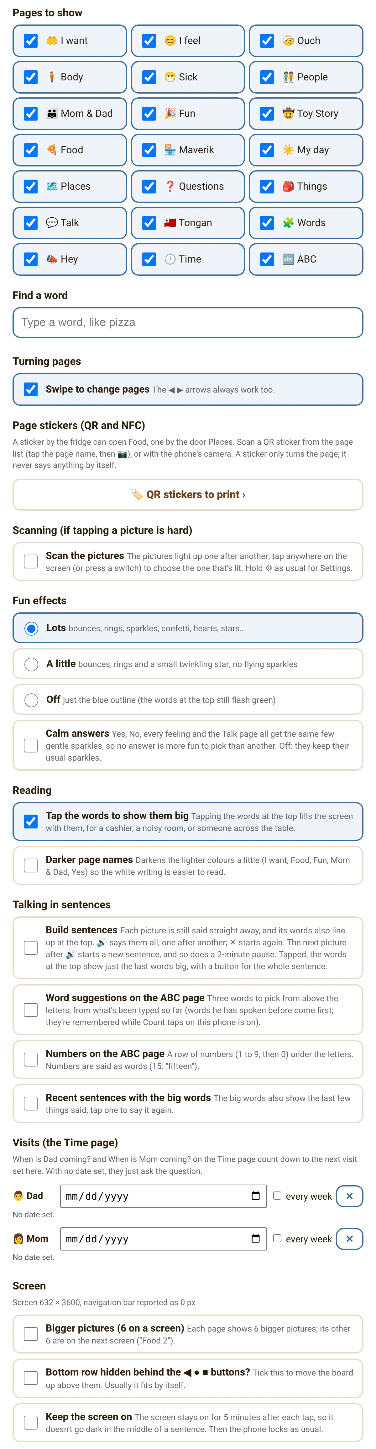 Settings: pages, swiping, stickers, scanning, fun effects, reading, sentences, visits and screen