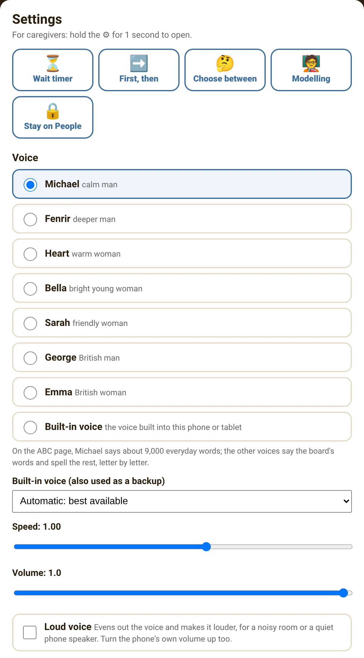 Settings: staff tools, voices, speed, volume and loud voice