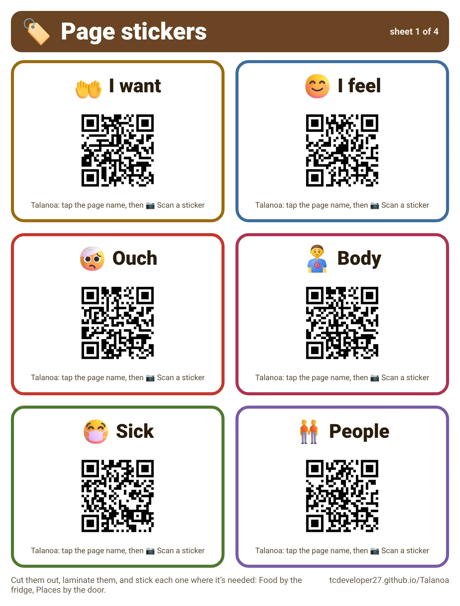 A sheet of QR page stickers